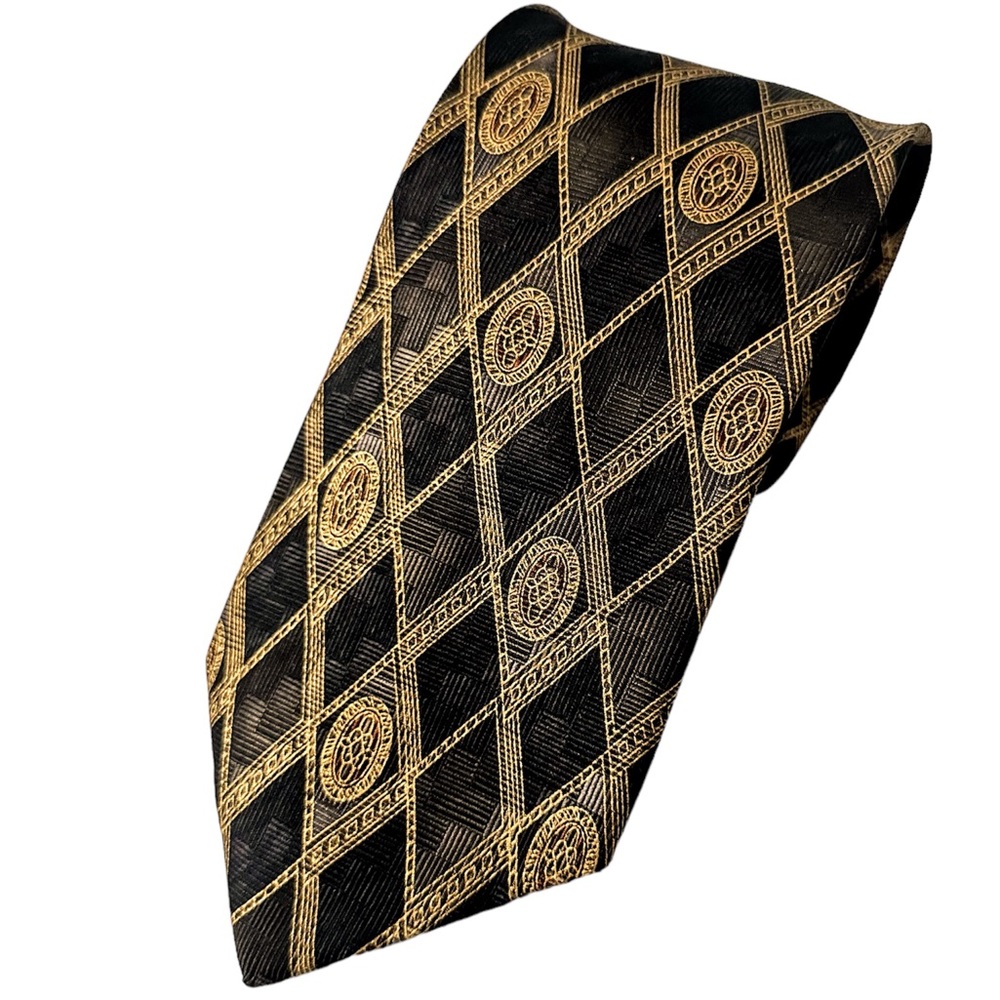 Silk Tie EXTRA LONG New Guy Laroche Brown Gold Red Diamonds & Medallions
